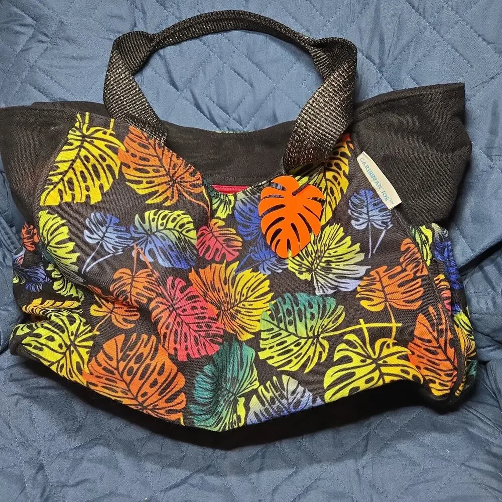 Caribbean Joe FLoral Hand Bag Canvas Black Metallic Strap Beach Bag 2 Cup Slots